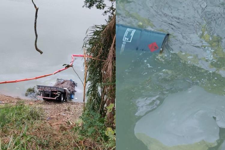 Caminhão que levava família e caiu dentro de represa na Grande Curitiba estava carregado com 5 mil litros de material tóxico; equipes avaliam impacto ambiental