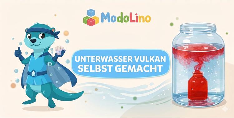  Experiment von Modolino zum Thema Vulkan, der unter Wasser ausbricht - Reagenzglas mit roter Farbe