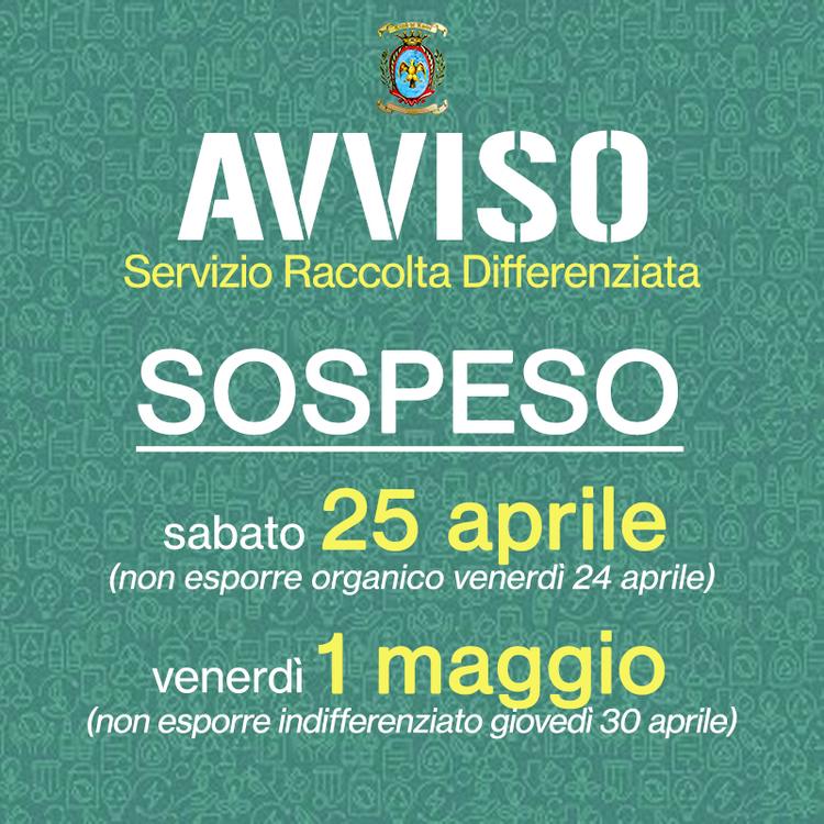 ♻️ AVVISO Raccolta Differenziata - Servizio Sospeso ❌ Sabato 2️⃣5️⃣ Aprile (festivo) il servizio 𝗡𝗢𝗡 𝗦𝗔𝗥𝗔' 𝗘𝗙𝗙...