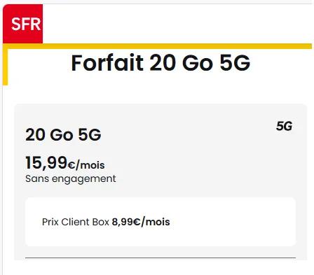 🔖 (clients) SFR, forfait 5G illimité/20Go à 9€/mois