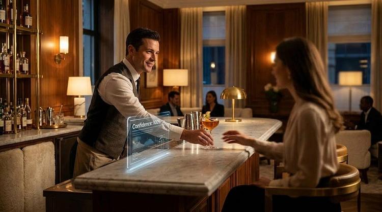 A photorealistic shot of a luxury hotel bar at evening, featuring warm golden lighting and rich wood tones. A poised bartender in a vest slides an amber cocktail across a marble bar toward a seated female guest. Floating above the bar is a glowing, holographic digital interface that reads ‘Confidence: 100%’ alongside analytical charts, illustrating the contrast between human service and automated, high-confidence AI displays.