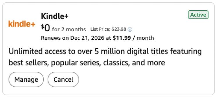 A screenshot of a Kindle+ membership
