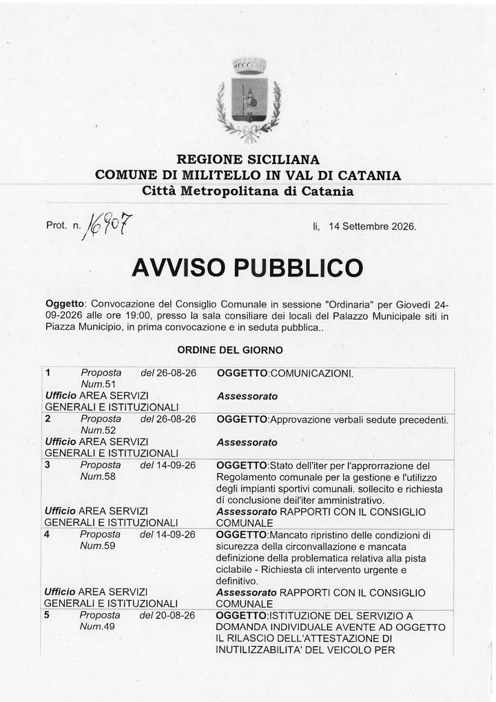 Avviso Pubblico -Convocazione del Consiglio Comunale in sessione "Ordinaria" per Giovedì 24-09-2026 alle ore 19:00, pres...