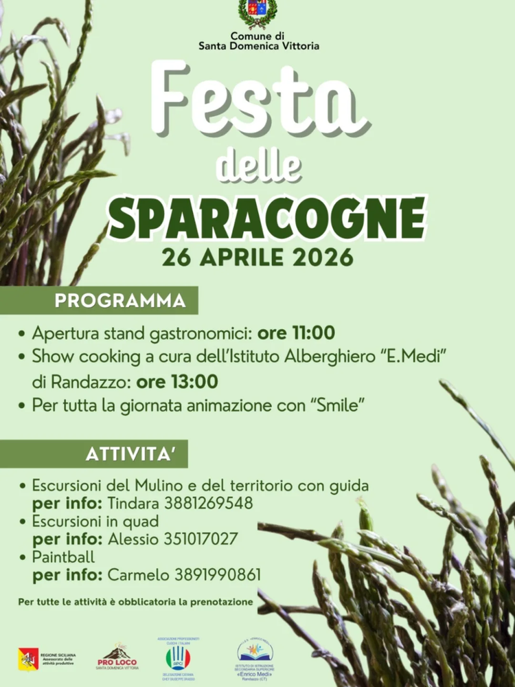 🚨 Manca poco! Domani 26 Aprile ti aspettiamo a Santa Domenica Vittoria per la 🌿 Festa delle Sparacogne 🍝 Piatti tipic...
