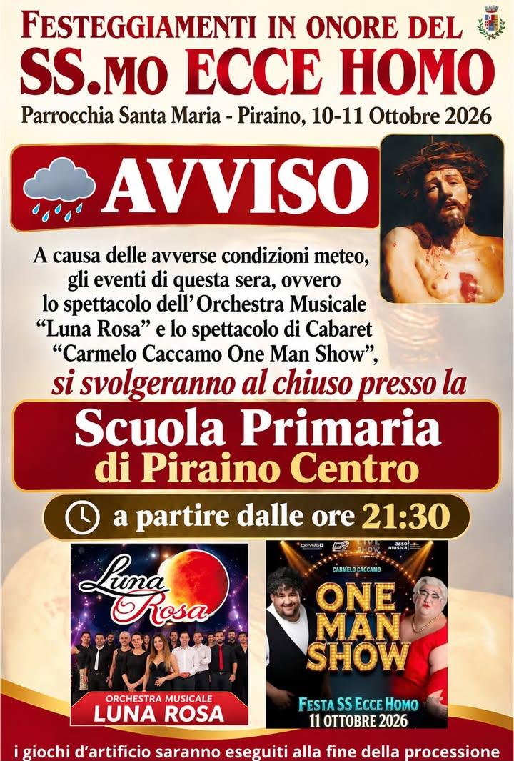 ⚠️ A causa delle avverse condizioni meteo, gli eventi di questa sera, ovvero lo spettacolo dell’Orchestra Musicale “Luna...