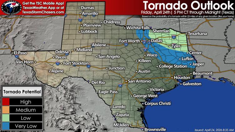 Texas tornado outlook for Friday, April 24, showing a very low tornado risk from the Dallas-Fort Worth area southeast toward Waco and Lufkin, and a low tornado risk from Northeast Texas into East Texas near Sherman, Tyler, and Texarkana.