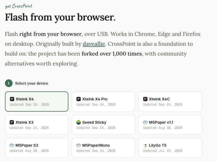 The select your device options on CrossPoint Reader's website.