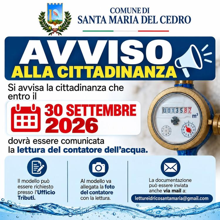 ++ AVVISO ALLA CITTADINANZA ++ Si avvisa la cittadinanza che entro il 30 settembre 2026 dovrà essere comunicata la lettu...