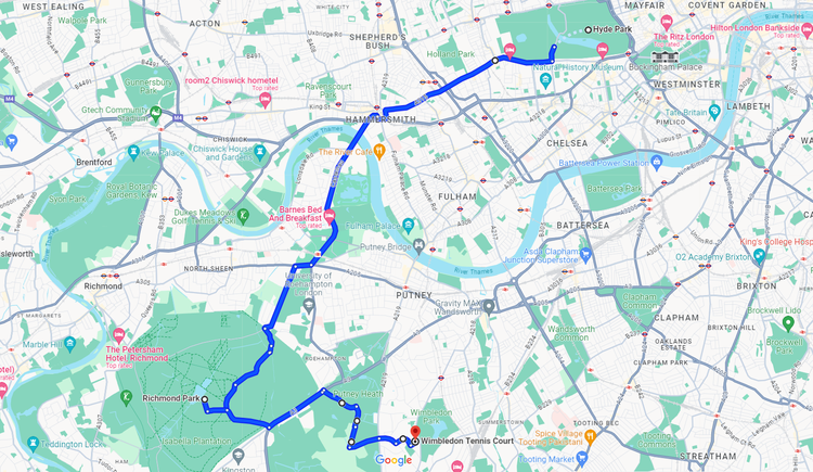 Route overview of the 18km Hyde Park to Wimbledon Cycle Route
