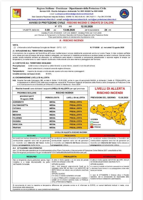GIOVEDÌ 13.08.2026. Pericolosità incendi MEDIA su tutte le province, con dichiarato LIVELLO DI PREALLERTA RISCHIO INCEND...