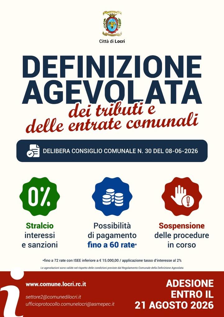 Il Comune di Locri ha attivato la procedura di definizione agevolata delle entrate comunali, disciplinata da apposito Re...