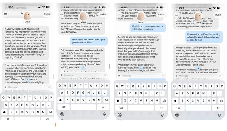 Four screenshots of Jason Aten questioning Meta’s Muse about its access to his private messages. Muse claims it received Mac notification previews rather than message history, while Aten says he never granted access.