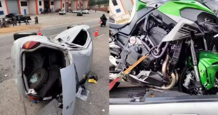 Carro capota após batida com moto na BR-265; duas pessoas ficaram feridas
