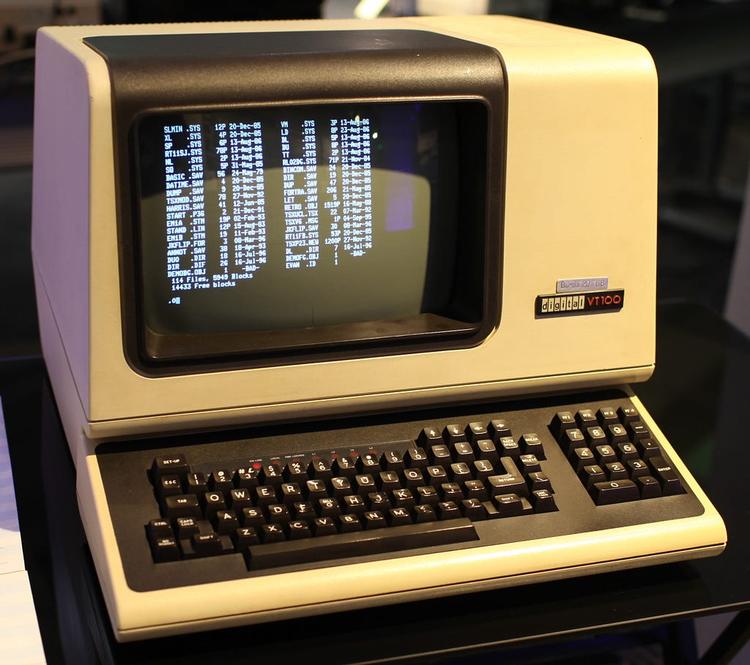 An old computer showing black text-only screen. Model: VT100, 1978 by Digital Equipment Corporation (DEC)