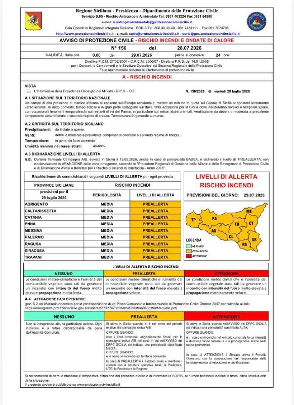 Mercoledì 29.07.2026 pericolosità incendi MEDIA su tutte le province della regione, con dichiarato LIVELLO DI PREALLERTA...