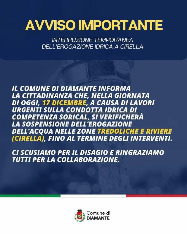 Nella giornata di oggi, 17 dicembre, a causa di lavori urgenti sulla condotta idrica di competenza SORICAL, si verifiche...