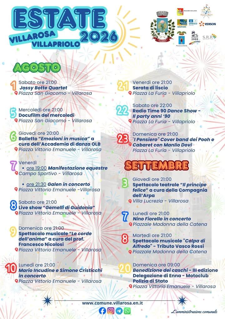 ☀️ ESTATE VILLAROSA E VILLAPRIOLO 2026: SI CONTINUA! 🎶✨ Dopo le prime settimane di appuntamenti, l’estate entra nel viv...