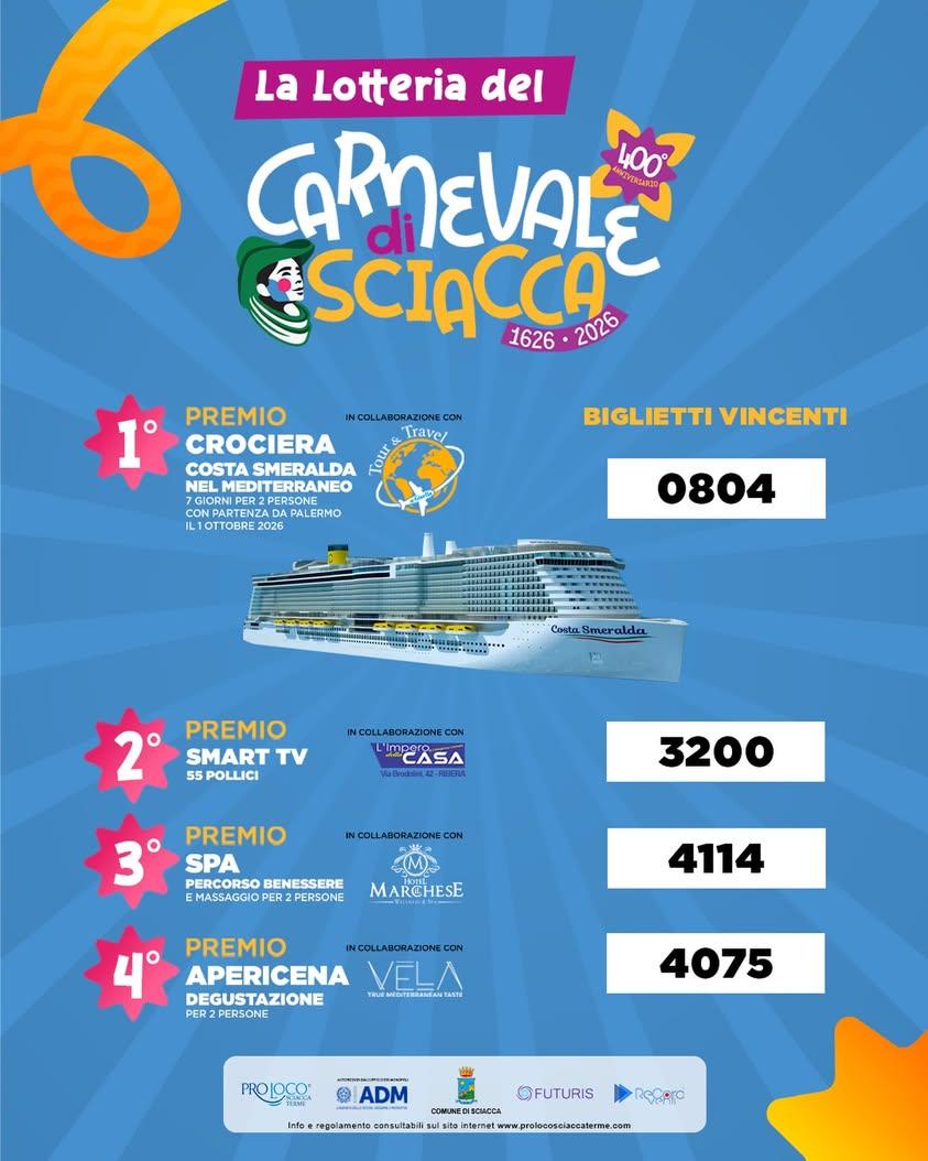 Vincitori Lotteria del Carnevale di Sciacca 2026 🎭🎟️ I possessori dei biglietti vincenti possono contattare l'organizz...