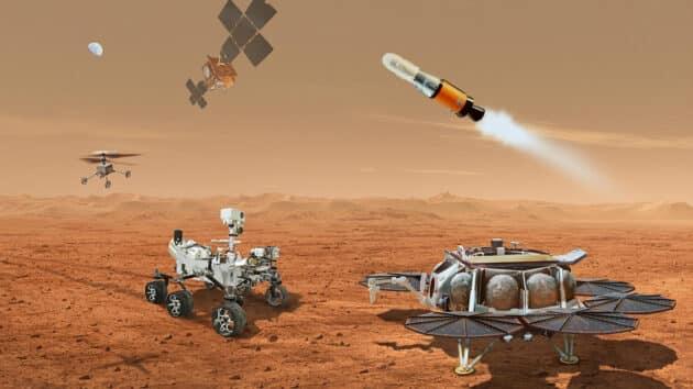 Künstlerische Darstellung des Rücktransport-Konzepts der Mars-Proben zur Erde (Illu.).Copyright: NASA/ESA/JPL-Caltech