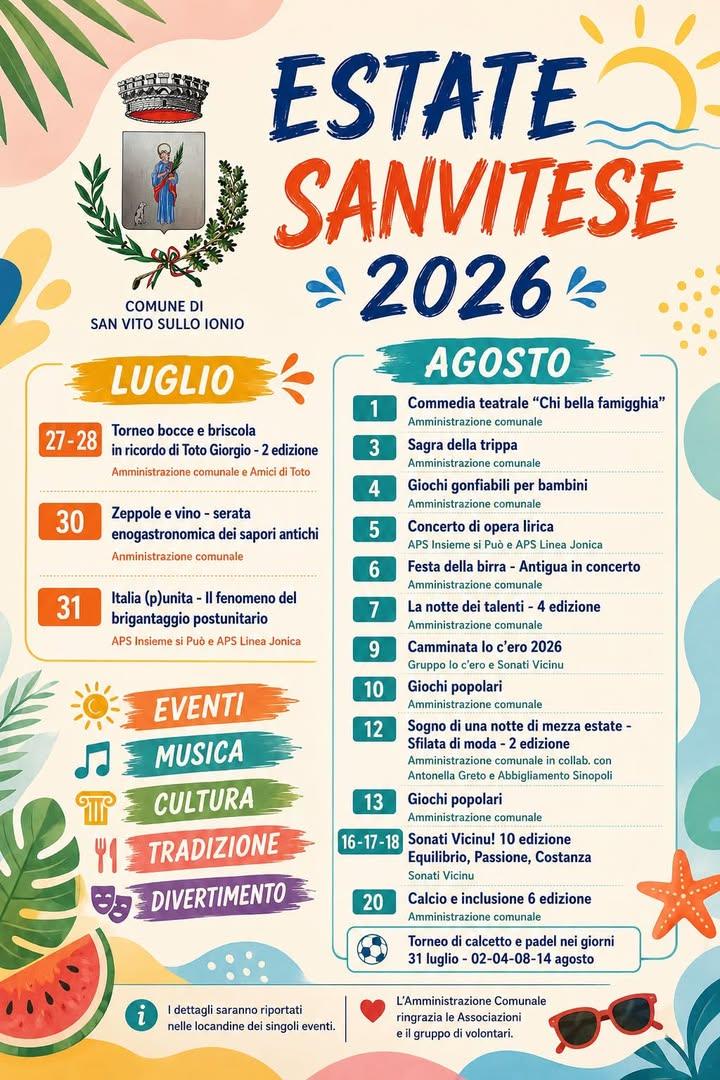 ☀️ Calendario eventi estivi 2026  Musica, spettacoli, sport, cultura e tanto altro vi aspettano per vivere insieme un’es...