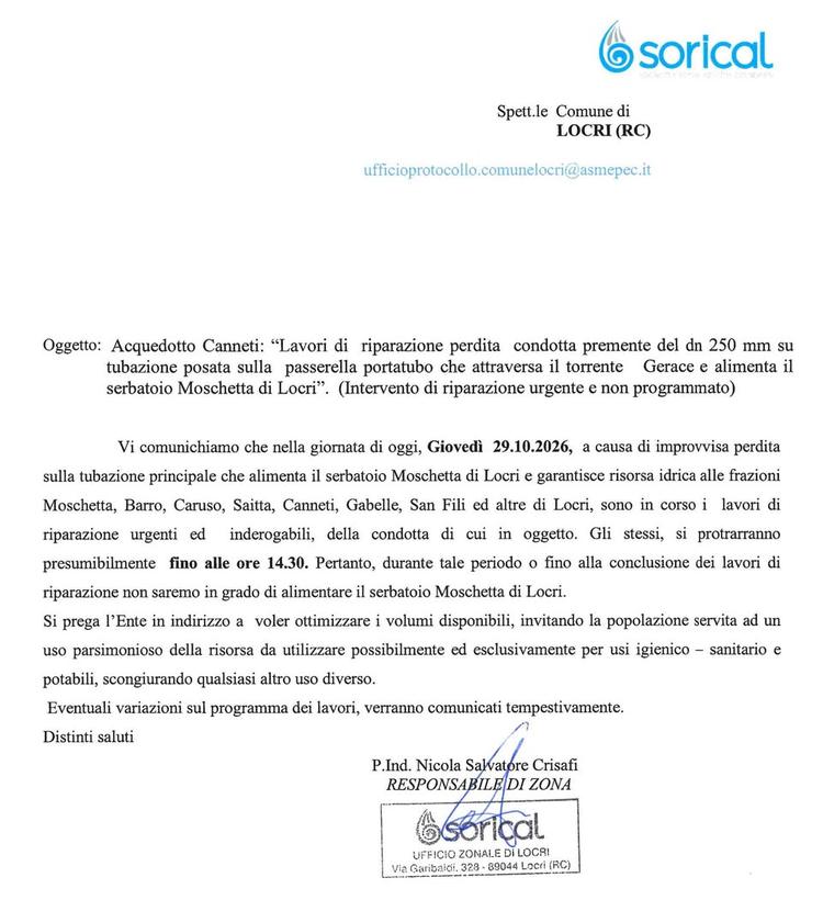 🔴 COMUNICAZIONE Sorical per oggi 29 ottobre