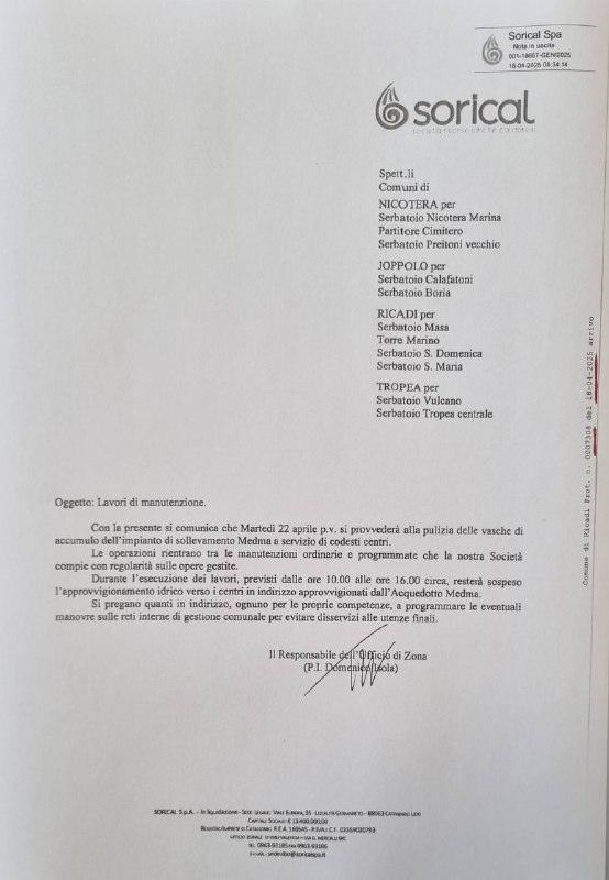 Avviso Sorical Martedì 22 pv si provvederà alla pulizia delle vasche di accumulo dell’impianto di sollevamento Medma