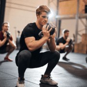 A group of people in athletic wear perform squats indoors, each holding a weighted ball at their chest as part of their gym workouts. The focus is on one person in the front, with gym equipment visible in the background. Austin Marathon Half Marathon & 5K