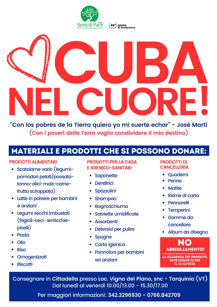 INIZIATIVA DI SOSTEGNO UMANITARIO “CUBA NEL CUORE!”