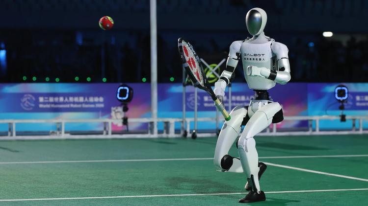 New Galbot ET1 Humanoid robot test Tennis Training at National Speed Skating Oval on August 19, 2026 in Beijing, China.