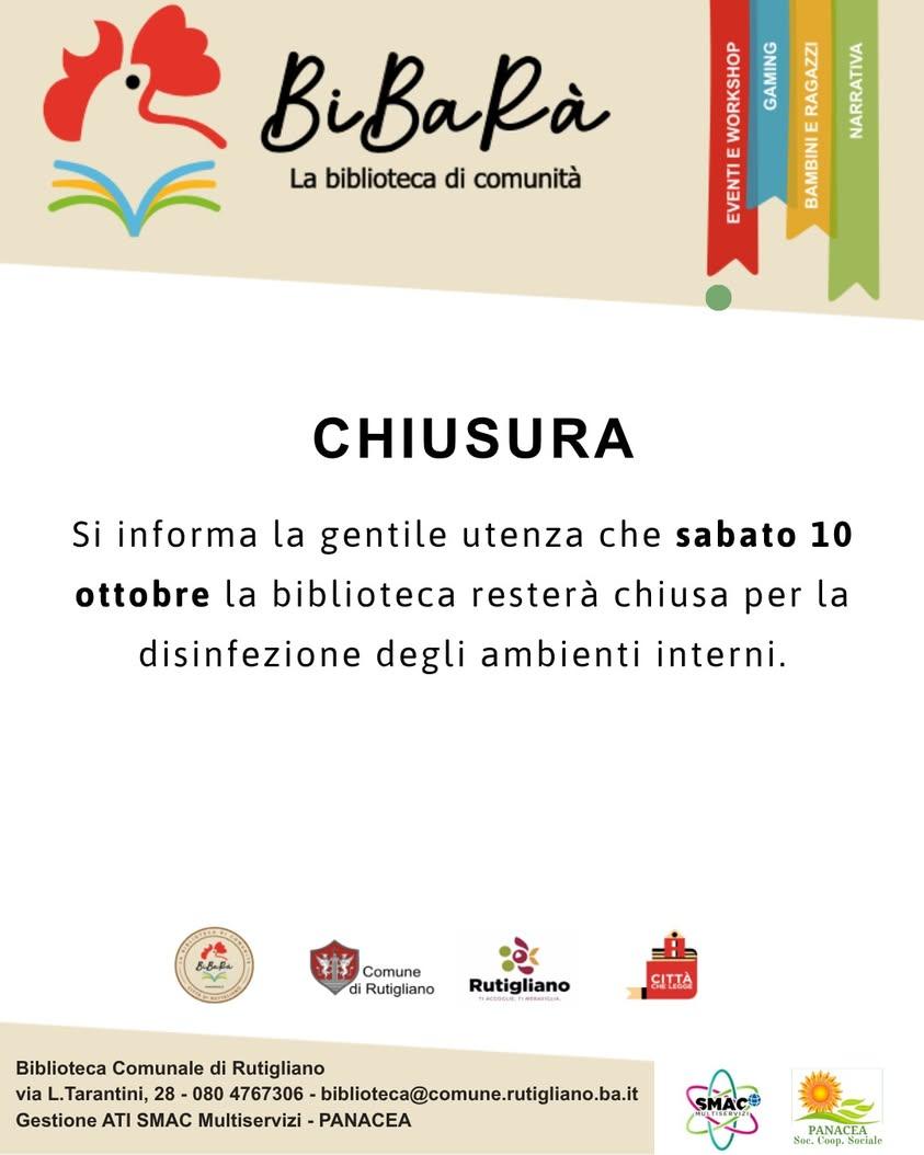 Cari utenti, la nostra biblioteca rimarrà chiusa questo sabato 10 ottobre. Vi aspettiamo lunedì.