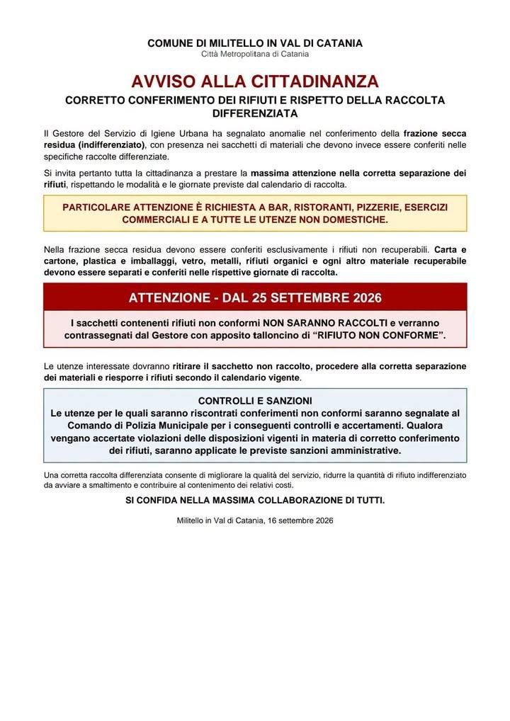 AVVISO ALLA CITTADINANZA CORRETTO CONFERIMENTO DEI RIFIUTI E RISPETTO DELLA RACCOLTA DIFFERENZIATA.