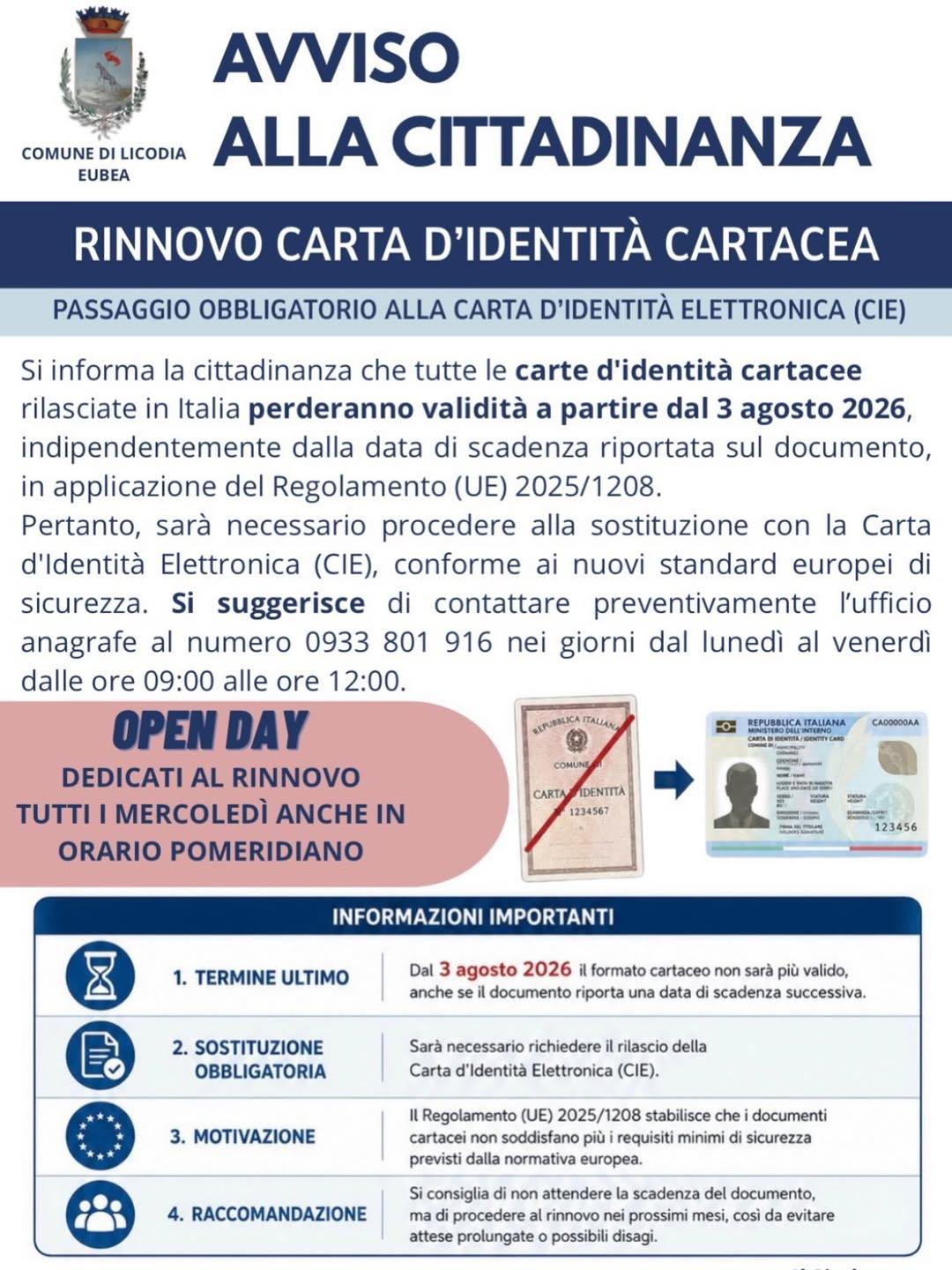 🪪📢 RINNOVO CARTA D’IDENTITÀ CARTACEA - PASSAGGIO OBBLIGATORIO ALLA CARTA D’IDENTITÀ ELETTRONICA (CIE) ENTRO IL 3 AGOST...