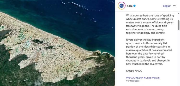'Deserto feito de água': Nasa publica imagem dos Lençóis Maranhenses vista do espaço