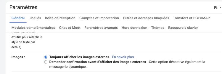 Paramètres Gmail - bloquer les images externes