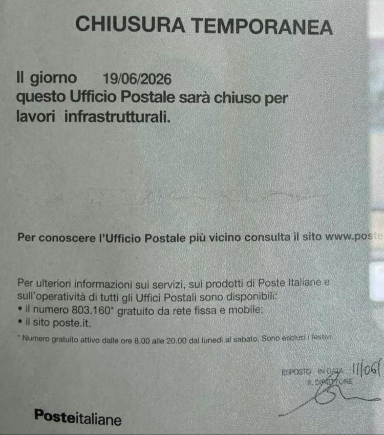 Comunicazione chiusura temporanea Ufficio Postale di Militello in Val di Catania Venerdì 19 Giugno 2026 per lavori infra...