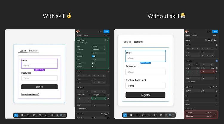 Side-by-side comparison of Figma output. Left (With Skills): Input Field uses a library component instance with variant properties like State and Value Type. Right (Without Skills): visually similar form but Selection Colors shows raw hex values 1E1E1E and B3B3B3 with no design system bindings.