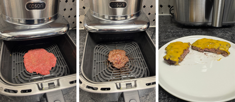 a cheeseburger made in the cosori iconic air fryer