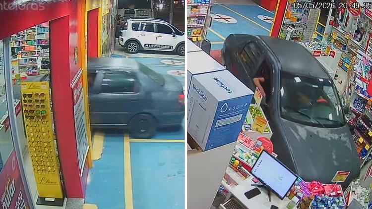 VÍDEO: Motorista com sinais de embriaguez perde controle de carro e invade farmácia em Caraguatatuba, SP