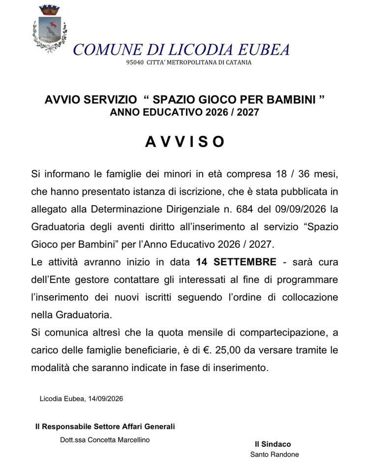 🚼✅ AVVISO AVVIO SERVIZIO “ SPAZIO GIOCO PER BAMBINI ” ANNO EDUCATIVO 2026 / 2027