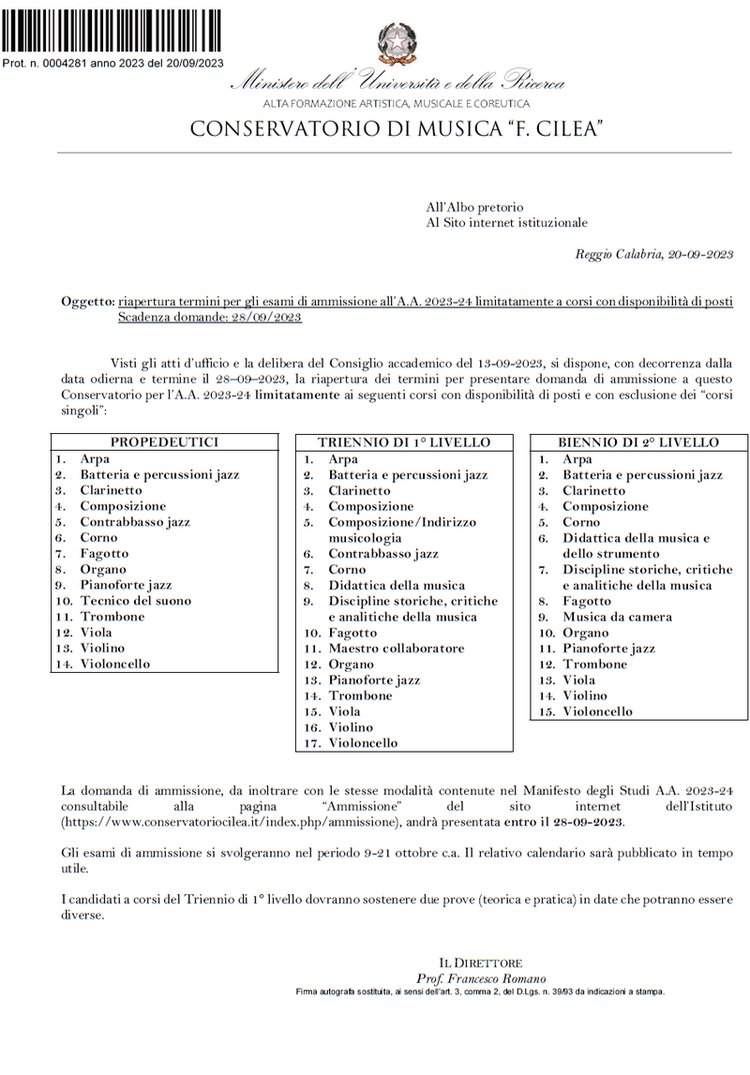 RIAPERTURA DEI TERMINI PER L'AMMISSIONE ALL'A.A. 2023-24 LIMITATA AI CORSI CON DISPONIBILITA' DI POSTI - Scadenza 28/09/2023