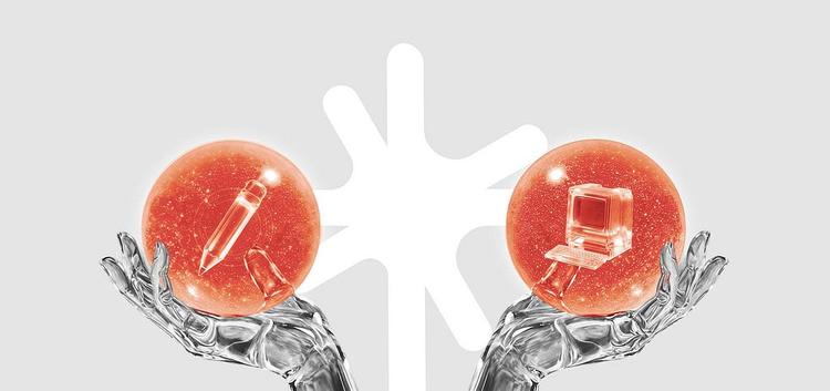 Two chrome robotic hands each holding a glowing orange sphere: one containing a pencil, the other a vintage computer, with a white asterisk shape connecting them, representing the intersection of design and code.