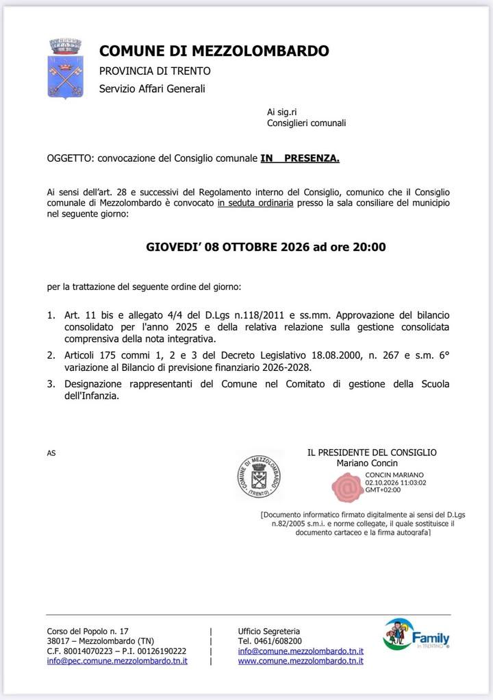 📣 CONVOCAZIONE SEDUTA del CONSIGLIO COMUNALE 👥 Si informa la cittadinanza che una nuova seduta del Consiglio Comunale...