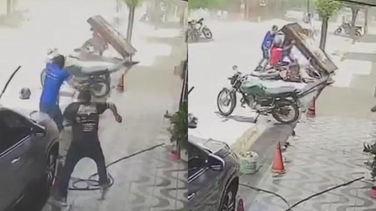 'A minha salvação foi o capacete', diz motociclista atingido por placa de loja após vento derrubar letreiro no Ceará