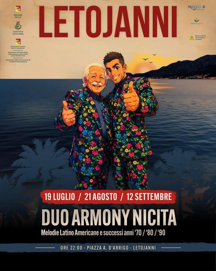 Questa sera in piazza Angelo D'Arrigo appuntamento alle 22:00 con il Duo Armony. Divertimento assicurato, non mancate.