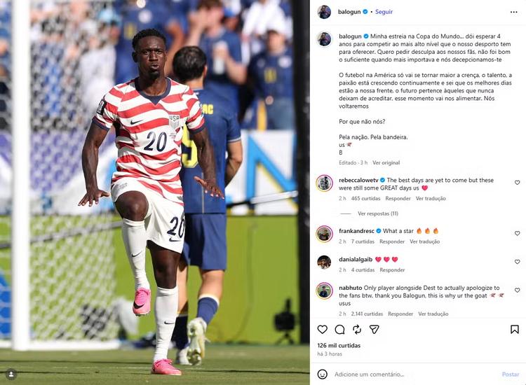 Balogun pede desculpas pela eliminação dos EUA na Copa: 'Decepcionamos vocês'