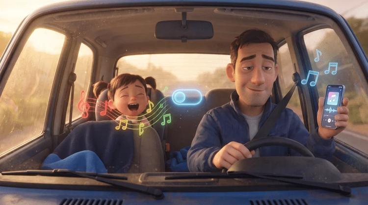 Vater und Tochter hören Musik im Auto