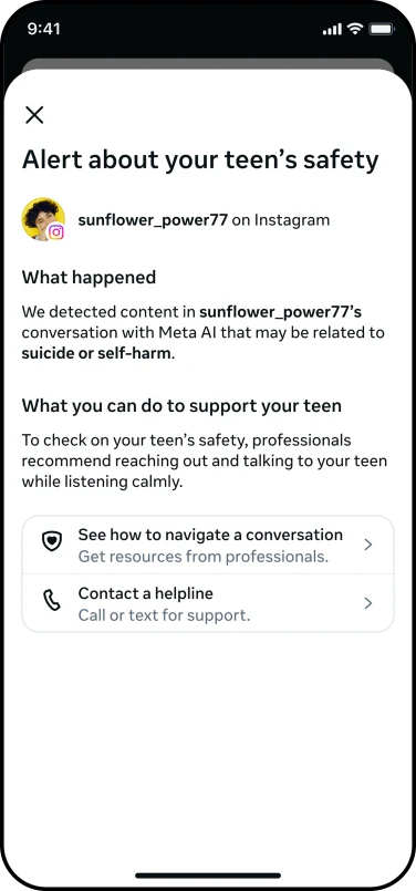 Sample alert Meta sends parent of child.