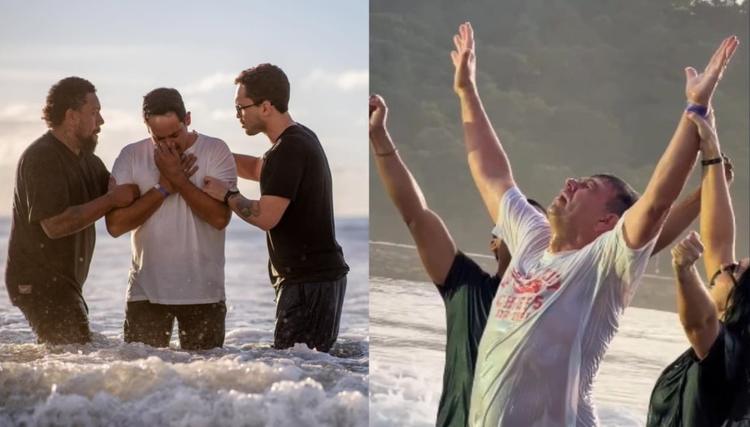 Pessoas são batizadas em culto ao amanhecer em praia de SC: 