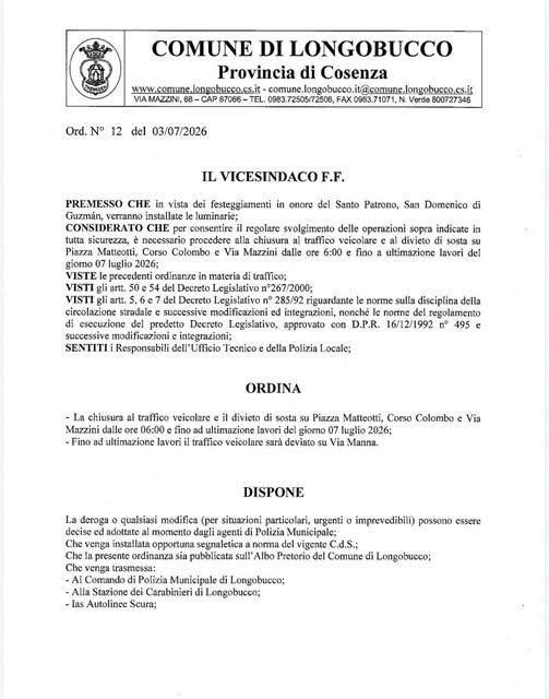 🚧 AVVISO ALLA CITTADINANZA 🚧 In vista dei festeggiamenti in onore del Santo Patrono San Domenico d