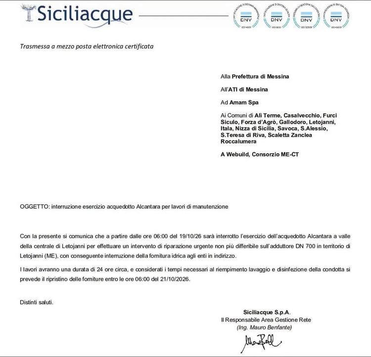 ⚠️🚱ATTENZIONE AVVISO INTERRUZIONE IDRICA 19 OTTOBRE Siciliacque ha reso noto che a partire dalle ore 6:00 del 19 ottobr...